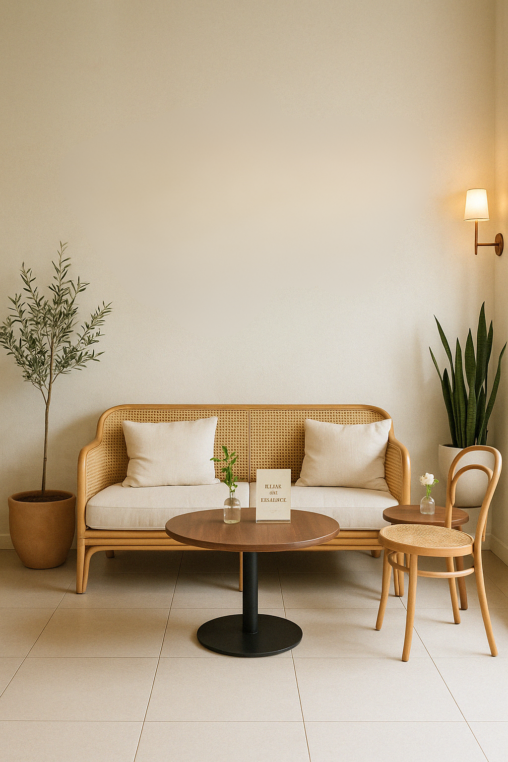 Warm commercial interior with seating and plants